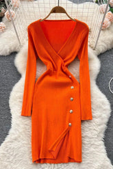 Robe élégante fendue à col en V et boutons pour femme, pull en tricot à manches longues